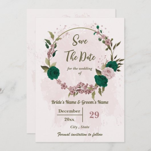 Smaragdgroene roze bloemen botanische bruiloft save the date (Voorkant / Achterkant)