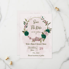 Smaragdgroene roze bloemen botanische bruiloft save the date