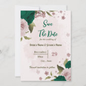 Smaragdgroene roze bloemen botanische bruiloft save the date (Voorkant)