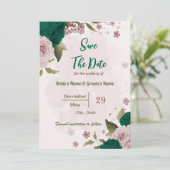 Smaragdgroene roze bloemen botanische bruiloft save the date (Staand voorkant)