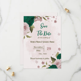 Smaragdgroene roze bloemen botanische bruiloft save the date