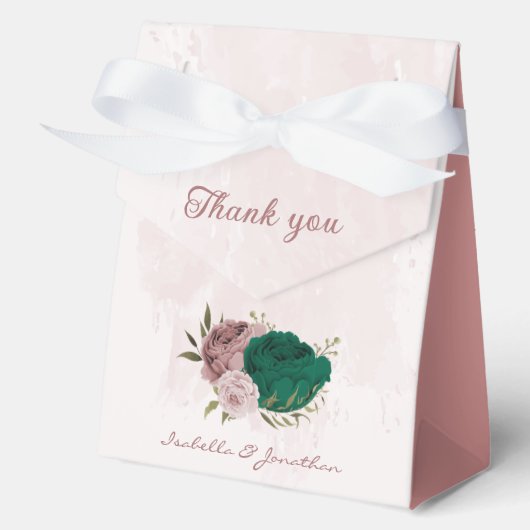 Smaragdgroene roze bloemen bruiloft bedankdoosjes (Voorkant)