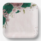 smaragdgroene roze bloemen bruiloft papieren bordje (Voorkant)