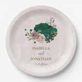 Smaragdgroene roze bloemen bruiloft papieren bordje (Voorkant)