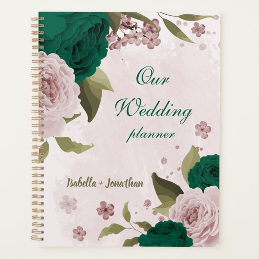 smaragdgroene roze bloemen bruiloft planner (Voorkant)