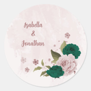 Smaragdgroene roze bloemen bruiloft ronde sticker
