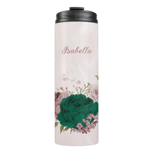 smaragdgroene roze bloemen bruiloft  thermosbeker (Voorkant)