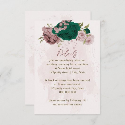 Smaragdgroene roze bloemen huwelijksdetails informatiekaartje (Voorkant / Achterkant)