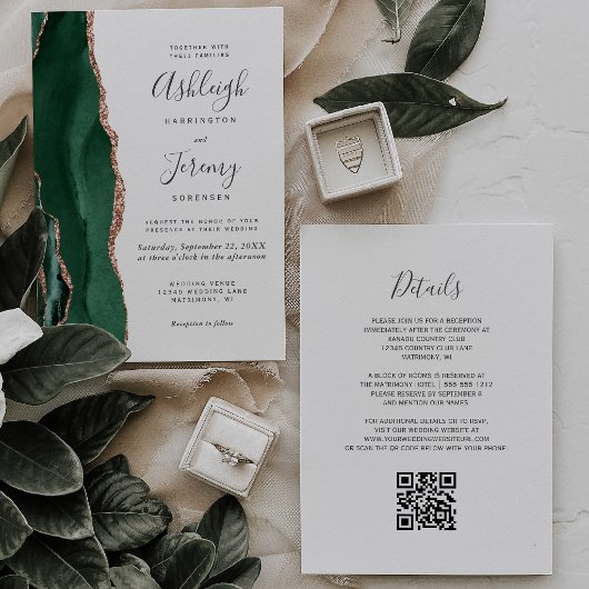 Smaragdgroene Roze Gouden Agate Witte QR Bruiloft Kaart