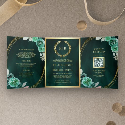 Smaragdgroene Rozen All in One QR Code Huwelijk Drieluik Uitnodiging
