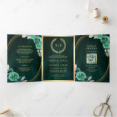 Smaragdgroene Rozen All in One QR Code Huwelijk Drieluik Uitnodiging (Binnen)