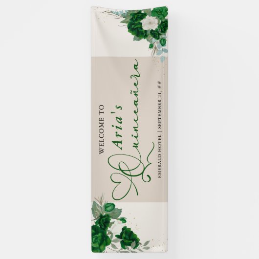 Smaragdgroene Rozen Bloemen Quinceanera Welkom Spandoek (Verticaal)