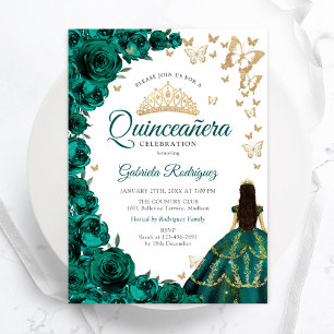Smaragdgroene Rozen Bloemengoud Wit Quinceanera Kaart