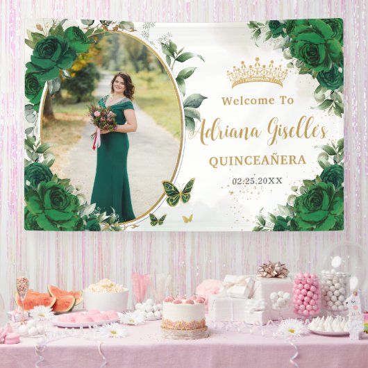 Smaragdgroene Rozen Bloemstuk Quinceañera Foto Spandoek (Feest)