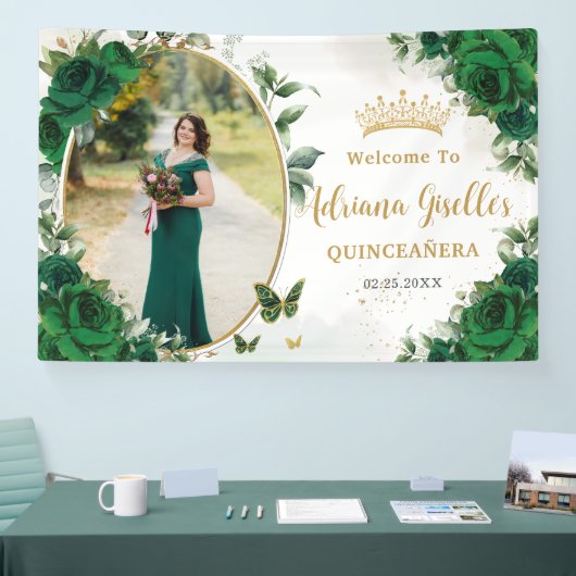 Smaragdgroene Rozen Bloemstuk Quinceañera Foto Spandoek (Beurs)