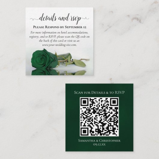 Smaragdgroene Rozen Bruiloftsdetails & RSVP QR Cod Informatiekaartje (Voorkant / Achterkant)