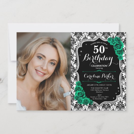 Smaragdgroene Rozen Damask Foto 50e Verjaardag Kaart (Voorkant)