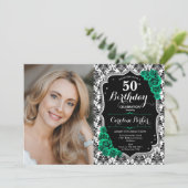 Smaragdgroene Rozen Damask Foto 50e Verjaardag Kaart (Staand voorkant)