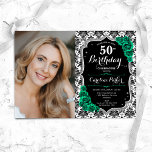 Smaragdgroene Rozen Damask Foto 50e Verjaardag Kaart<br><div class="desc">Elegante bloemenvrouwelijke 50e verjaardagsuitnodiging met uw foto. Glam zwart wit ontwerp met faux glitter zilver. Beschikt over zwart-wit damast patroon, smaragdgroene rozen, script lettertype en confetti. Perfect voor een stijlvol volwassen feestje. Personaliseer met je eigen gegevens. Kan voor om het even welke leeftijd worden aangepast! Gedrukte Zazzle-uitnodigingen of direct download...</div>