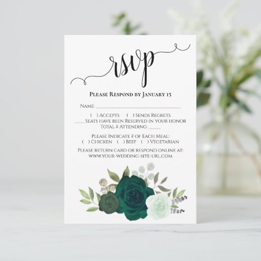 Smaragdgroene Rozen Elegante Boho Chic Bruiloft RSVP Kaartje (Staand voorkant)