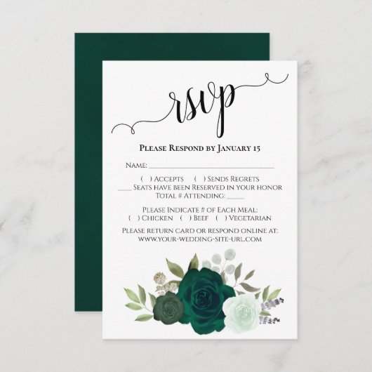 Smaragdgroene Rozen Elegante Boho Chic Bruiloft RSVP Kaartje (Voorkant / Achterkant)