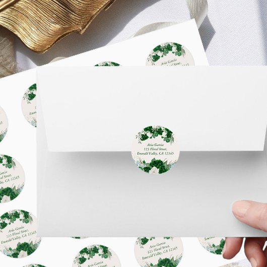 Smaragdgroene Rozen en Eucalytus Naam en adres Ronde Sticker