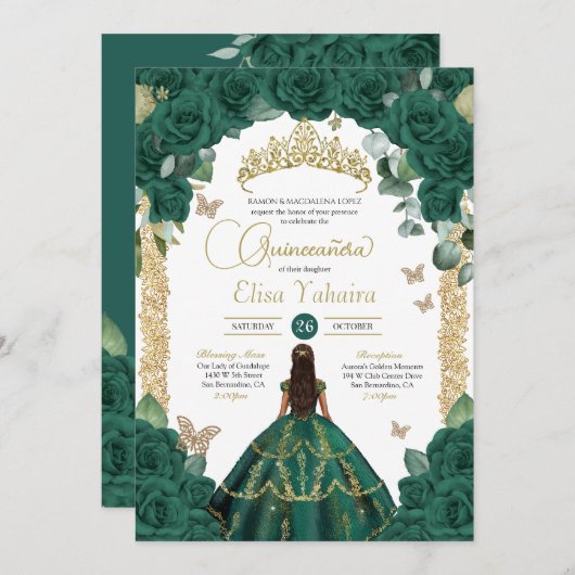 Smaragdgroene Rozen & Gouden Vlinder Quinceanera Kaart (Voorkant / Achterkant)
