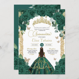 Smaragdgroene Rozen & Gouden Vlinder Quinceanera Kaart