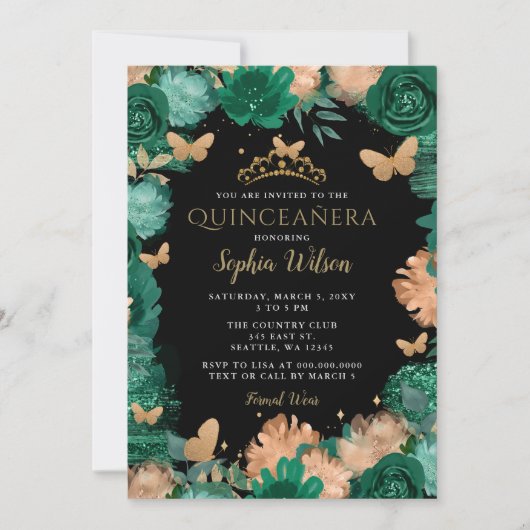 Smaragdgroene Rozen gouden vlinders quinceañera Kaart (Voorkant)