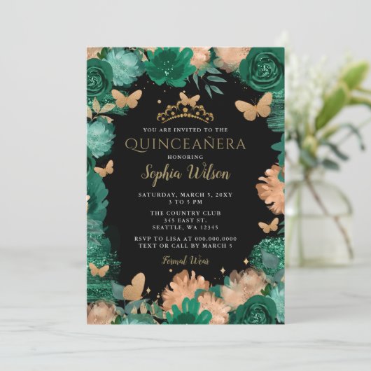 Smaragdgroene Rozen gouden vlinders quinceañera Kaart (Staand voorkant)