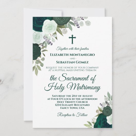 Smaragdgroene Rozen Modern Katholiek Bruiloft Kaart (Voorkant)