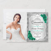Smaragdgroene Rozen Silver Foto Quinceanera Kaart (Voorkant)
