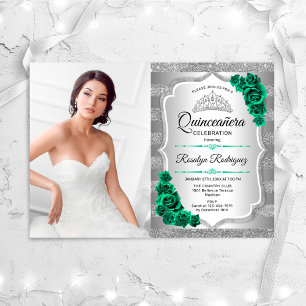 Smaragdgroene Rozen Silver Foto Quinceanera Kaart