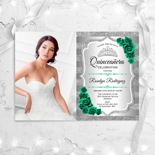 Smaragdgroene Rozen Silver Foto Quinceanera Kaart