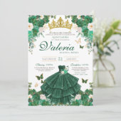 Smaragdgroene Rozen Vlinderprinses Quinceanera Kaart (Staand voorkant)