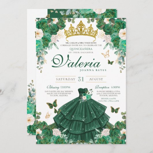 Smaragdgroene Rozen Vlinderprinses Quinceanera Kaart (Voorkant / Achterkant)