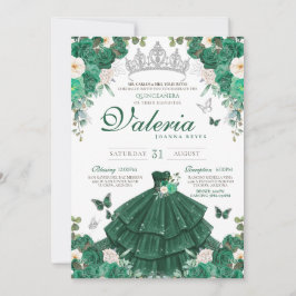 Smaragdgroene Rozen & Zilveren Vlinder Quinceanera Kaart