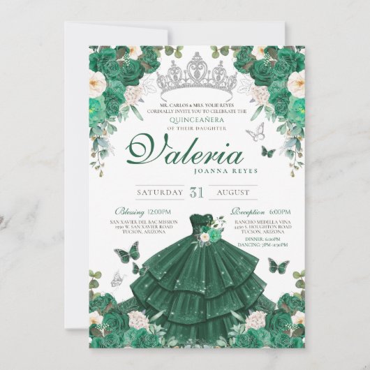 Smaragdgroene Rozen & Zilveren Vlinder Quinceanera Kaart (Voorkant)