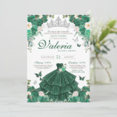 Smaragdgroene Rozen & Zilveren Vlinder Quinceanera Kaart (Staand voorkant)