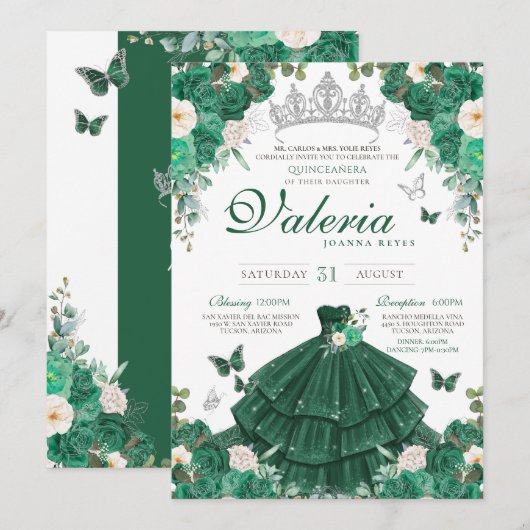 Smaragdgroene Rozen & Zilveren Vlinder Quinceanera Kaart (Voorkant / Achterkant)