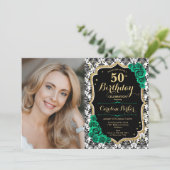 Smaragdgroene Rozen Zwart Goud Foto 50e Verjaardag Kaart (Staand voorkant)
