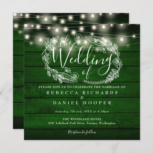 Smaragdgroene Rustieke Houten Slingerlichtjes Brui Kaart (Voorkant / Achterkant)