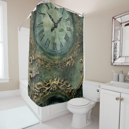 Smaragdgroene Rustieke Steampunk Klok Douchegordijn (In situ)