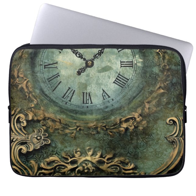 Smaragdgroene Rustieke Steampunk Klok Laptop Sleeve (Voorkant)