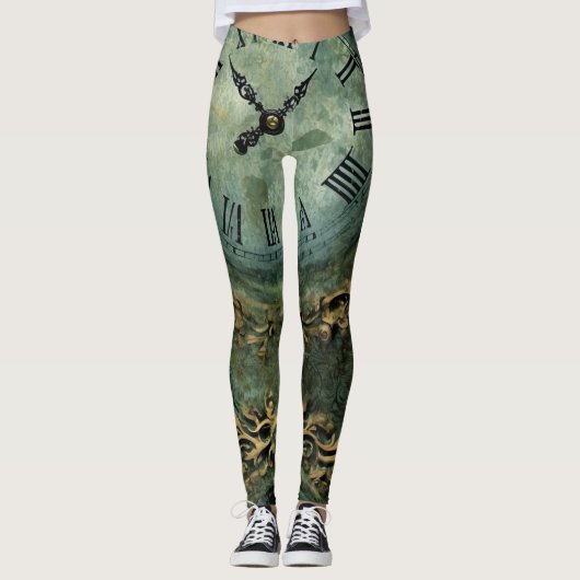 Smaragdgroene Rustieke Steampunk Klok Leggings (Voorkant)
