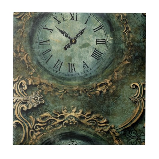 Smaragdgroene Rustieke Steampunk Klok Tegeltje (Voorkant)