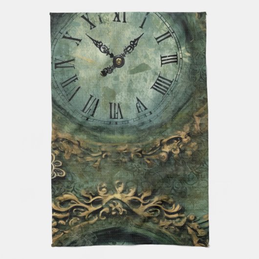 Smaragdgroene Rustieke Steampunk Klok Theedoek (Verticaal)