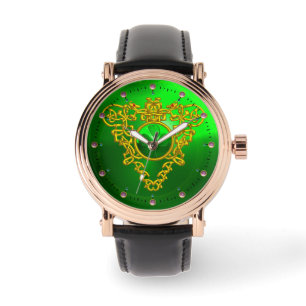 SMARAGDGROENE SHAMROCK EN KELTISCHE HARTGOUDEN KNO HORLOGE