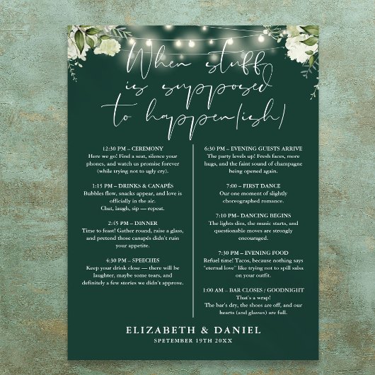 Smaragdgroene slingerlichten bloemrijke trouwitine poster
