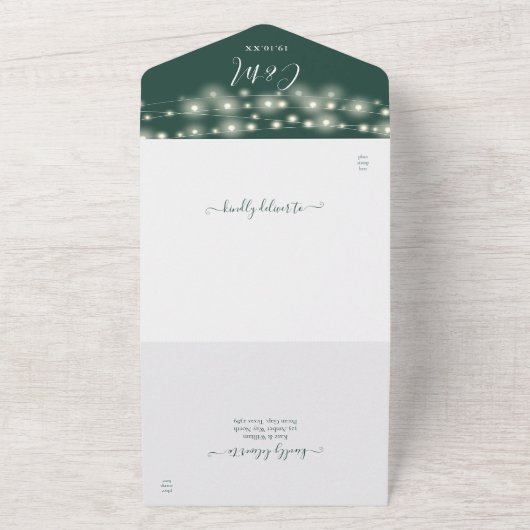 Smaragdgroene snoerlampjes Moderne scriptie bruilo All In One Uitnodiging (Buitenkant)